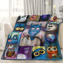 柔软温暖的法兰绒毯子，带有月亮和猫头鹰图案，舒适的毛绒毯子，适合猫头鹰爱好者