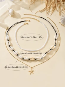 3pcs/Set Boho Ocean Wave Mermaid Shell, Turquoise Starfish Beaded Necklace Suit, Suitable For Women Daily And Beach Outfit