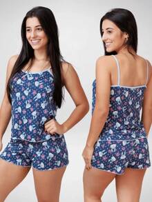 Pijama Baby Doll Estampado Short Malha Fria Linha Noite Feminino Adulto Confort Dormir Verão - Multicolorido - Visão 3
