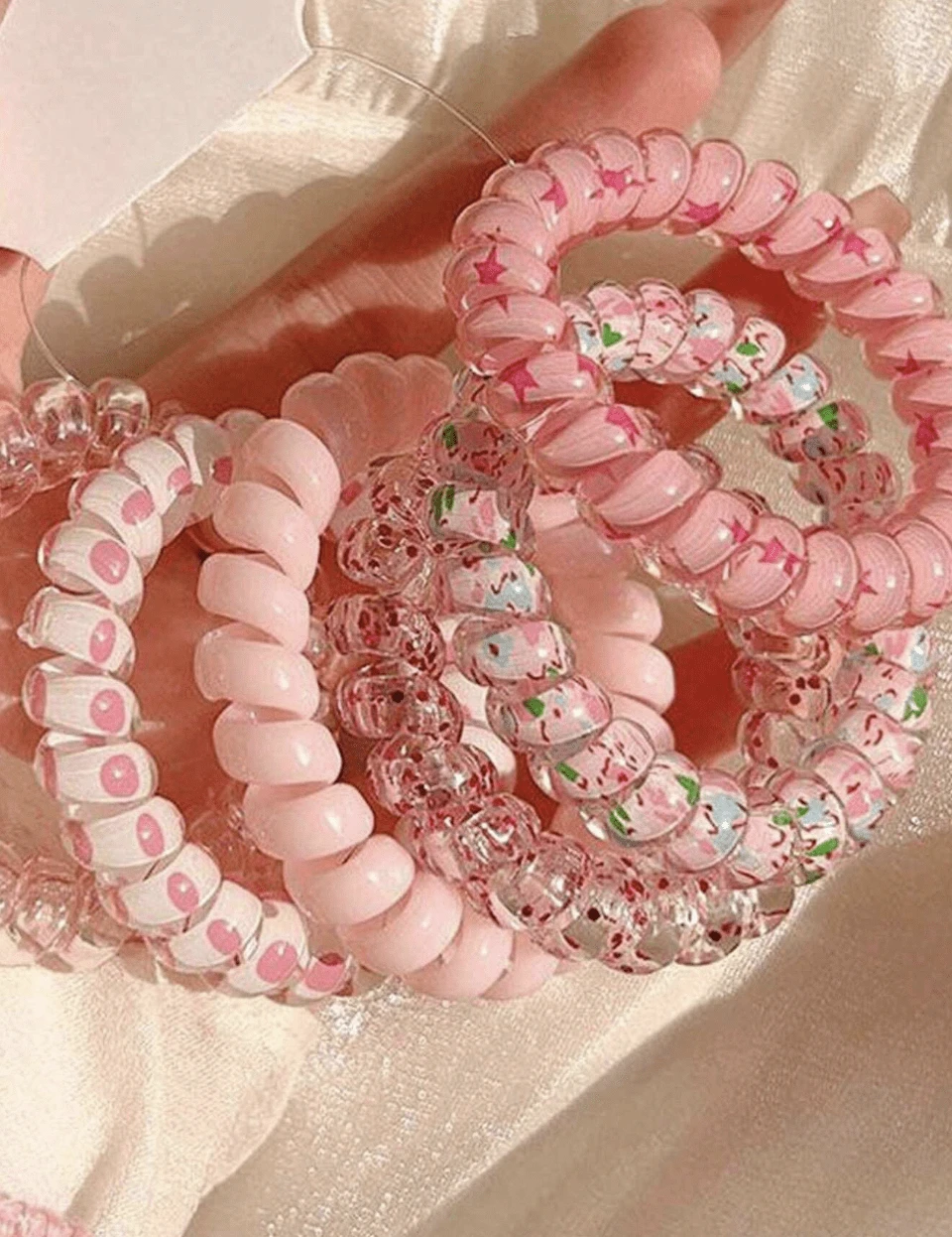 6pcs Women Floral Print Coil Wire Casual Hair Tie For Daily Life Cute Valentine's Day - Hồng - Xem 1