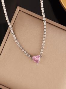 1 pièce Collier pendentif en forme de cœur en zircone coloré en acier inoxydable pour femme. Collier chaîne tennis en zircone de luxe brillante. Bijoux