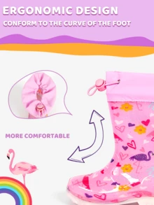 Girls' Waterproof Glitter Flamingo Rain Boots, Outdoor Anti-Slip Rainshoes, Comfortable Drawstring Lace-Up, Suitable For All Seasons