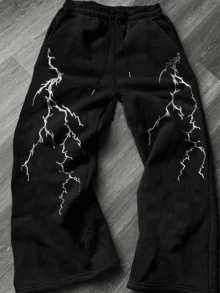 闪电印花直筒运动裤，宽松版型，男女通用，街头休闲，四季舒适 - 黑色 - 查看 4