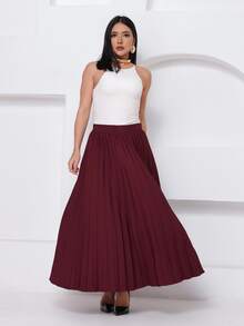 LXC Women's Pleated Skirt, Women's Vintage Midi Skirt, Elegant High Waist Long Skirt, Simple, Casual, Pleated, Office, Wedding - 酒紅色 - 查看 2