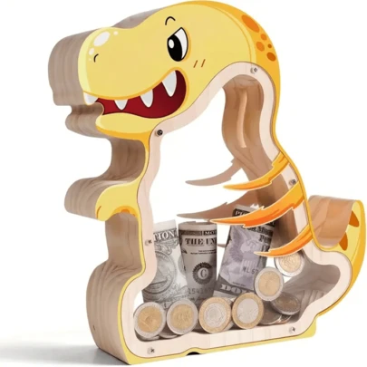 Holz Dinosaurier Sparschwein, transparentes Sparschwein mit Acryl Fenster, strapazierfähiges kreatives Sparschwein, geeignet als Dinosaurier Geschenk für Heimdekoration, Geburtstage und Valentinstag.