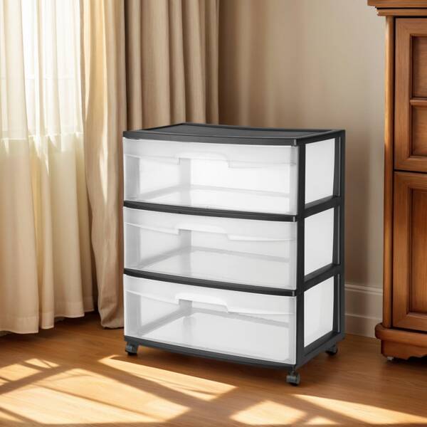 Storage Drawer, 3 Drawer Wide Plastic Storage Cart With Pull Out Drawers, Black