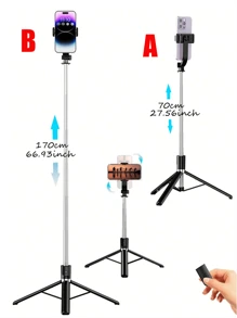 170cm/67inch Selfie Stick Tripod, With Fill Light, Extendable Aluminum Tripod With Bluetooth Remote, Compatible With IPhone And Android Smartphones, Perfect For Travel, Vlog, Video And Photo-With Fill Light For Summer Vacation, Travel, Outdoor Activities, Live Streaming, Stable Recording