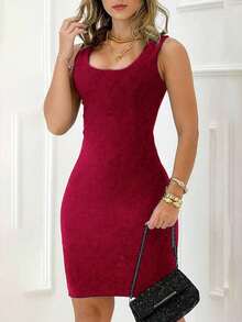 Elegant Fitted Dress, Women's - Sleeveless Backless Design, Suitable For Spring/Summer Occasions, Machine Washable Polyester Blend Fabric, Backless Fitted Dress - Burgundy - View 4