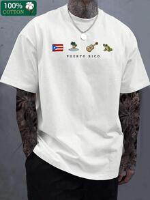 Men's Puerto Rico-Inspired Cotton T-Shirt - Black With Cultural Symbols, Comfortable & Breathable, Casual Round Neck Short Sleeve Tee, Ideal For Casual Attire & Gifts For Valentine's Day Or Father's Day, Gift Tshirt | Puerto Rico Theme | 100% Cotton Shirt - 白色 - 查看 1