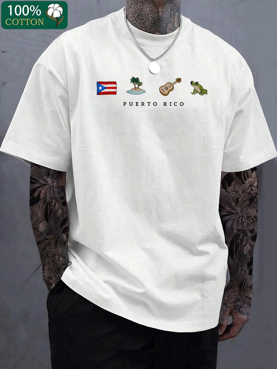 Men's Puerto Rico-Inspired Cotton T-Shirt - Black With Cultural Symbols, Comfortable & Breathable, Casual Round Neck Short Sleeve Tee, Ideal For Casual Attire & Gifts For Valentine's Day Or Father's Day, Gift Tshirt | Puerto Rico Theme | 100% Cotton Shirt - 白色 - 查看 1