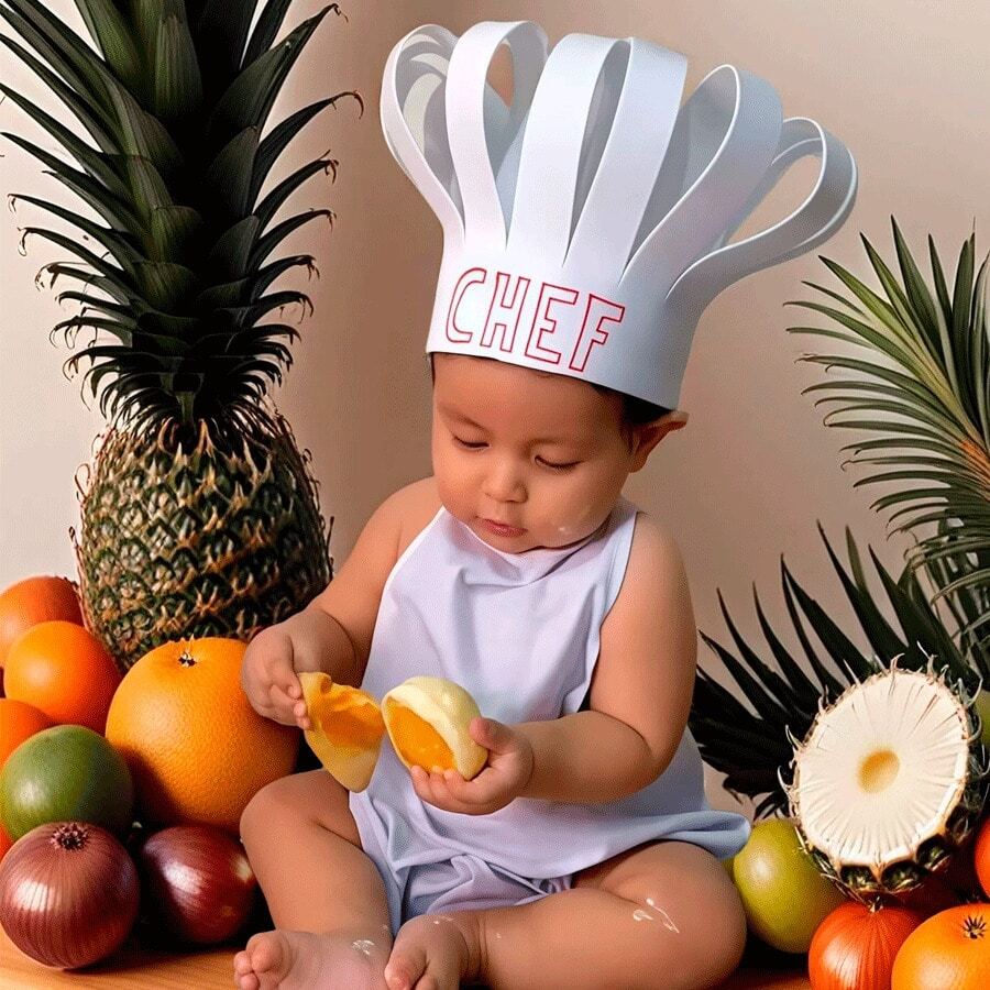 2PCS/Set Baby Photography Prop Chef Hat Apron Photo Props Costume Baby Chef Outfit Little Chef Apron And Hat Set For Baby Photography Chef Clothing - White - View 1