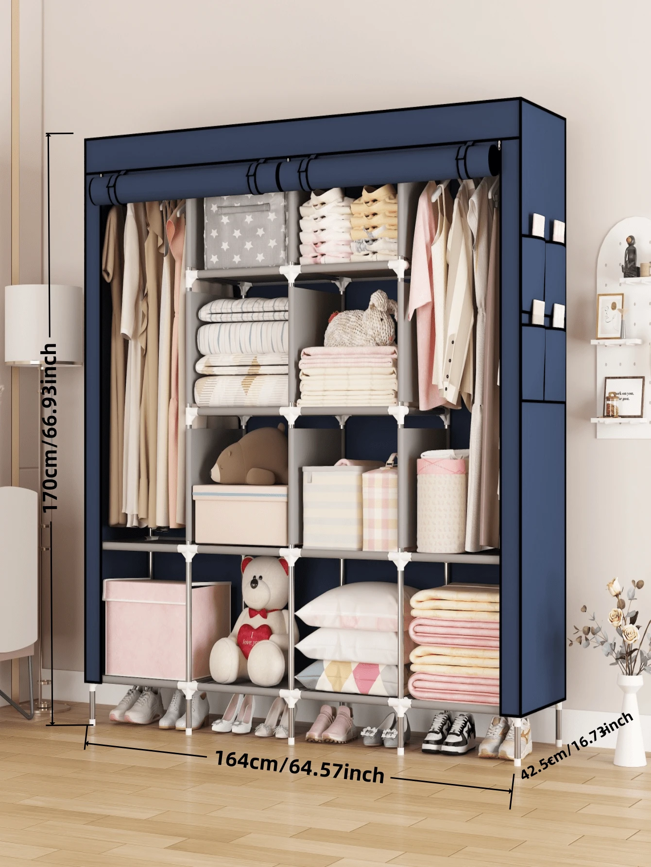 1pc Multicolor Portable Wardrobe, Easy Assemble Home Closet With Side Pockets, Versatile Storage Cabinet For Clothes, Blankets, Bags, Hats, Towels