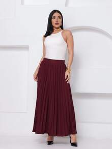 LXC Women's Pleated Skirt, Women's Vintage Midi Skirt, Elegant High Waist Long Skirt, Simple, Casual, Pleated, Office, Wedding - 酒紅色 - 查看 4