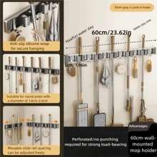1pc Wall-Mounted Metal Broom Holder Rack With Adjustable Hooks, Suitable For Bathroom, Kitchen, Garden, Laundry Room, Garage Storage Organizer - Powder Coated Surface, Space-Saving Rack For Broom, Mop, Tools, Shelves
