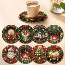 8/6 Pcs Christmas Themed Round Wooden Coasters, Suitable For Beverages, Tea And Coffee Cups, Featuring Simple Santa Claus Patterns, Great For Home And Restaurant Decoration, Essential Holiday Gift Home Decor Christmas Decorations Room Decor - Multicolor - View 14