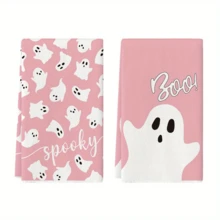 [Halloween And Christmas Decoration] 2/4 Pieces Of Halloween And Christmas Kitchen Towels, Pink And White Ghost Style Tableware Towels, And Gingerbread Man Towels Are Terrifying Dry Hand Tea Towels Used For Cooking And Wiping. They Are Soft, Comfortable, Absorbent, And Durable, Suitable For Home Decoration And Halloween Party Decoration. Halloween Decoration, Room Decoration, Autumn Decoration, Winter Decoration.