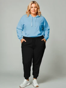 Women's Plus Size  Sweatshirt Set Casual Cold Weather Coat With Hood & Plain Pocket Basic Stylish Winter Tracksuit Long Sleeve Cold Weather Top And Pants - Baby Blue - View 1