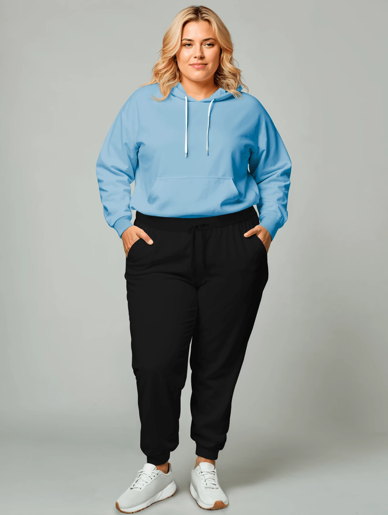 Women's Plus Size Sweatshirt Set Casual Cold Weather Coat With Hood & Plain Pocket Basic Stylish Winter Tracksuit Long Sleeve Cold Weather Top And Pants - Baby Blue - View 1