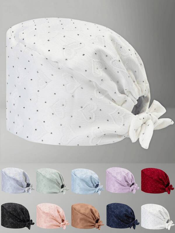 1pc Unisex Rhinestone & Jacquard Heart Pattern Adjustable Work Cap, Nurse Cap, Surgical Cap, One Size Fits All, Sweat-Absorbent, Elastic Band, Suitable For Beauty Salon, Pet Clinic, Doctor, Nurse, Janitor