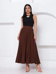 LXC Women's Pleated Skirt, Women's Vintage Midi Skirt, Elegant High Waist Long Skirt, Simple, Casual, Pleated, Office, Wedding - 鏽棕色 - 查看 4