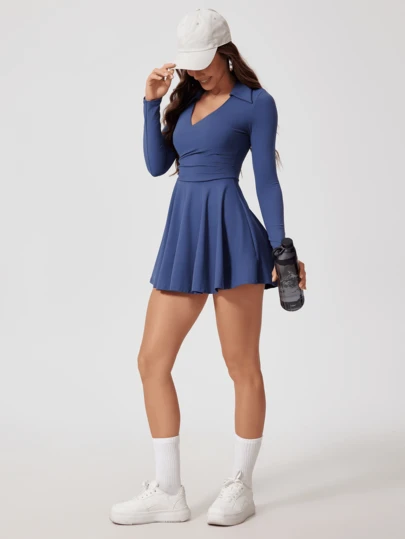 MASKERT Vestido largo de manga larga con pliegues de unicolor para mujer, cómodo y amigable con la piel para ropa deportiva, ropa de yoga, ropa de tenis