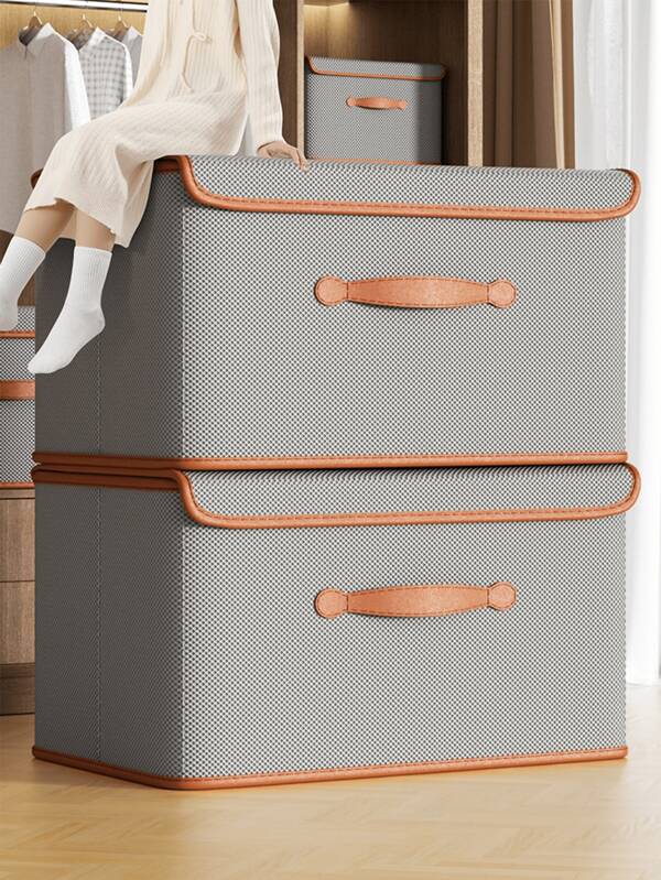 1PC Light Luxury Flip Gray Organizer, Built-In Rigid Sheet, Upgraded Thick Fabric, Wider And More Comfortable Faux Leather Handle, Clothing Organizer, Quilt Organizer, Wardrobe Organizer, Miscellaneous Organizer, Toy Organizer, Holiday Decoration Organizer, Autumn Decoration Organizer, Blanket Storage Box, Bathroom Dirty Clothes Organizer, Bed Bottom Miscellaneous Organizer