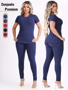 Women's Pants And Blouse Set Ribbed Knit Cotton Soft Short Sleeve Mid-Season Elegant - Màu xanh lam - Xem 1