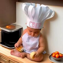 2PCS/Set Baby Photography Prop Chef Hat Apron Photo Props Costume Baby Chef Outfit Little Chef Apron And Hat Set For Baby Photography Chef Clothing - White - View 5