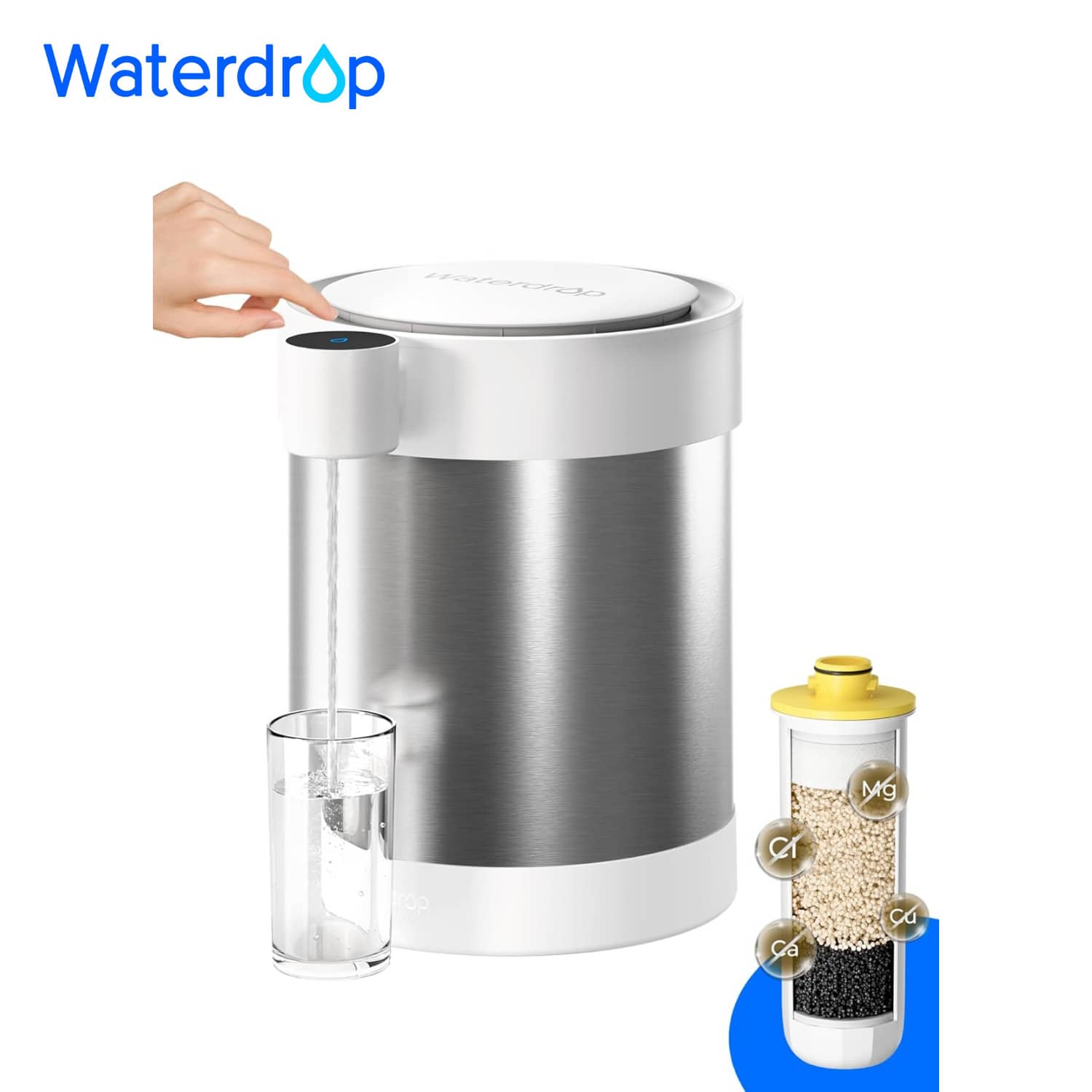 Waterdrop Stainless Steel Rechargeable Water Filter Dispenser, WD-ED21W 5.3L 3 Month Water Softener Electric Jug, Reduces Calcium, Magnesium, And Over 70+ Contaminants, Countertop Water Filter System