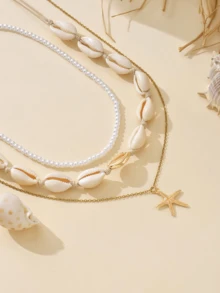 3pcs Boho Ocean Style Mermaid Shell & Simulated Turquoise Starfish Pendant Beaded Necklace Set, Suitable For Women Daily & Beach Vacation Outfits - Beige - View 3