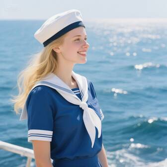 1 件男女通用简约百搭蓝白条纹水手帽，经典系带设计，适合水手角色扮演、航海主题派对服装万圣节服装
