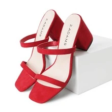 Women Double Strap Low Block Heel Mules – Square Toe Slip-On Minimalist Sandals For Spring Summer Bridesmaid Wedding Party Prom Date Night & Everyday Wear - 紅色純素絨面革 - 查看 5