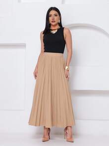LXC Women's Pleated Skirt, Women's Vintage Midi Skirt, Elegant High Waist Long Skirt, Simple, Casual, Pleated, Office, Wedding - 米色 - 查看 3
