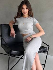 OYGA 2pcs/Set Summer Casual Solid Cropped T-Shirt And Split Hem Skirt Set - Grey - View 3