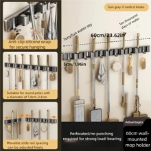 1pc Wall-Mounted Metal Broom Holder Rack With Adjustable Hooks, Suitable For Bathroom, Kitchen, Garden, Laundry Room, Garage Storage Organizer - Powder Coated Surface, Space-Saving Rack For Broom, Mop, Tools, Shelves