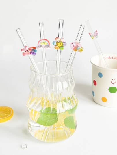 1 Stück / 5 Stück hitzebeständige Glasstrohhalme mit Schmetterling/Regenbogen Dekoration, geeignet für Valentinstag/Sommer-Essentials, zum Trinken von Fruchtsaft, Milchtee, Kaffee, kalten Getränken, gebogenes Strohhalm-Design mit Fruchtdekoration, Schulbedarf, Schulanfang, Geschenke für Freundin/Freund, Eltern, Freunde