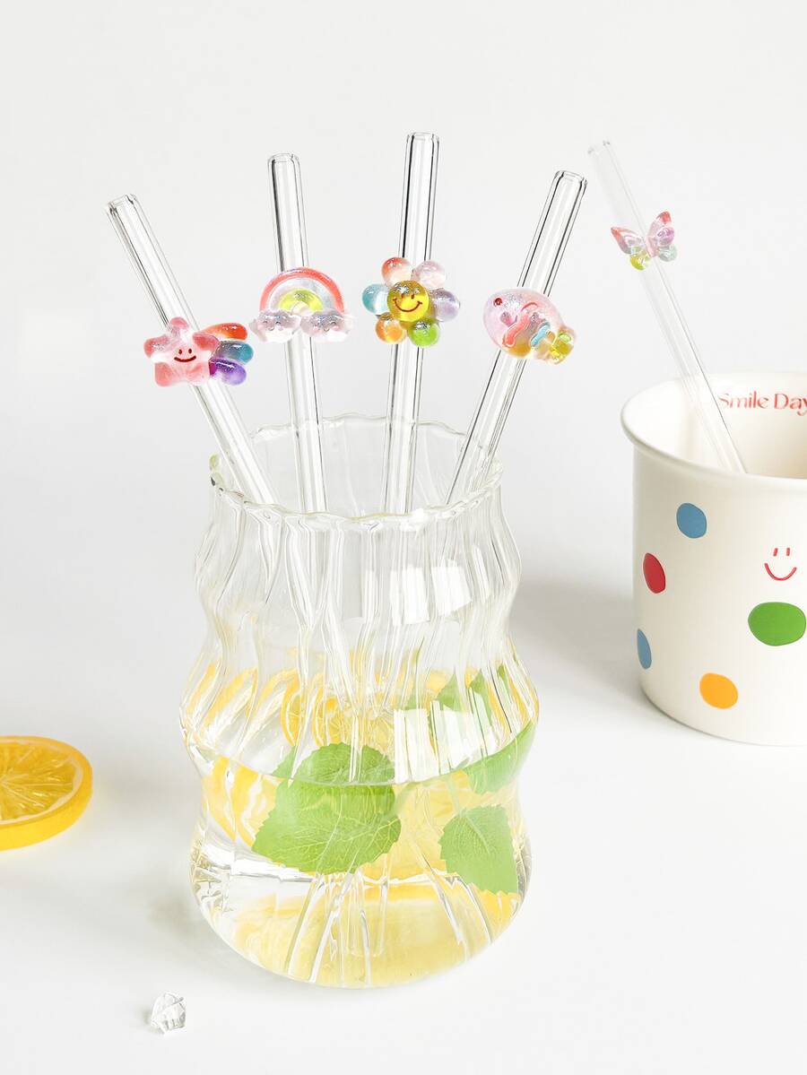 1/5 根耐热玻璃吸管，带蝴蝶/彩虹装饰，适合情人节/夏季必备，饮用果汁、奶茶、咖啡、冷饮，带水果装饰的弯曲吸管设计，学校用品，返校，送给女朋友/男朋友、父母、朋友的礼物 - 彩色 - 查看 1