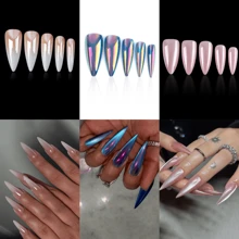 Transform Your Nails With 72pcs Long Stiletto French Style Modern Classic Simple Blue Aurora Gradient Solid Color Laser High Gloss Metallic Mirror,Pink Cateye Full Cover Fake Press On Nail Kit For Daily Wear And Party Will Give You Look A Cool
