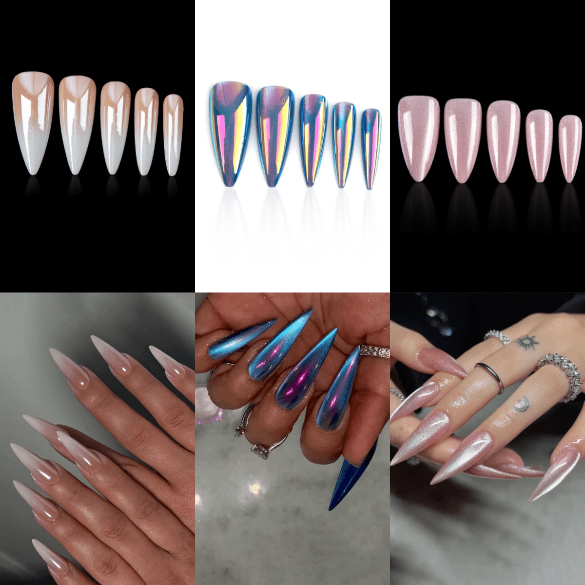 Transform Your Nails With 72pcs Long Stiletto French Style Modern Classic Simple Blue Aurora Gradient Solid Color Laser High Gloss Metallic Mirror,Pink Cateye Full Cover Fake Press On Nail Kit For Daily Wear And Party Will Give You Look A Cool