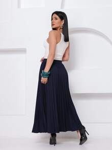 LXC Women's Pleated Skirt, Women's Vintage Midi Skirt, Elegant High Waist Long Skirt, Simple, Casual, Pleated, Office, Wedding - 藏蓝色 - 查看 6