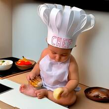 2PCS/Set Baby Photography Prop Chef Hat Apron Photo Props Costume Baby Chef Outfit Little Chef Apron And Hat Set For Baby Photography Chef Clothing - White - View 3