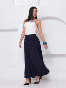 LXC Women's Pleated Skirt, Women's Vintage Midi Skirt, Elegant High Waist Long Skirt, Simple, Casual, Pleated, Office, Wedding - 藏蓝色 - 查看 4