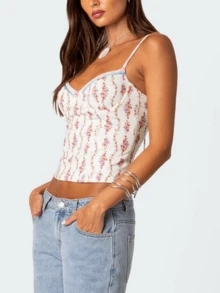 Womens Y2k Floral Cami Tank Tops Vintage Lace Trim Back Tie Up Spaghtti Strap Low Cut Slim Fit Camisole Crop Tops Summer Sexy Backless Sleeveless Vest Shirt Daily Casual Going Out Tops Aesthetic Clothes Party Club Beach Vacation Streetwear - 白色 - 查看 5