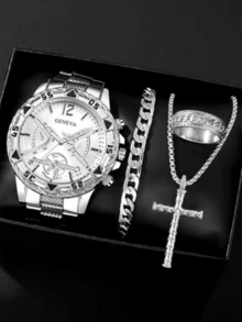 4 件男士商务手表套装，不锈钢石英表，带圆形表盘和指示器显示，包括时尚吊坠项链、手链和戒指，是送给男士的理想礼物