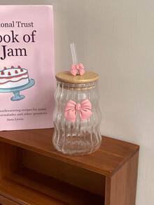 1pc Bowknot Glass Cup With Lid & Straw, Elegant Bowknot Glass Cup, Wavy Striped Glass Cup, Suitable For Home Decor, Drinking Water, Breakfast Milk, Afternoon Tea Coffee Cup, Valentine's Day Gift - Multicolor - View 14