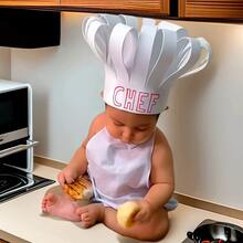 2PCS/Set Baby Photography Prop Chef Hat Apron Photo Props Costume Baby Chef Outfit Little Chef Apron And Hat Set For Baby Photography Chef Clothing - White - View 4