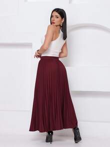 LXC Women's Pleated Skirt, Women's Vintage Midi Skirt, Elegant High Waist Long Skirt, Simple, Casual, Pleated, Office, Wedding - 酒紅色 - 查看 6