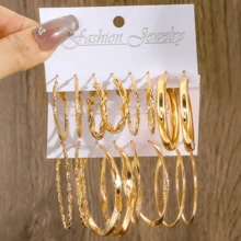 16 件时尚简约女士纹理大圈耳环套装，适合日常佩戴、派对、音乐节、节日礼物的魅力珠宝 - 金色 - 查看 8