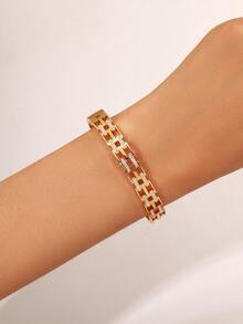 1/2 piezas Brazalete chapado en oro de 18K de acero inoxidable, decoración de cristal de cubo de azúcar de una/dos capas, brazalete de moda unisex, adecuado para uso diario, fiestas, vacaciones, diseño multifuncional para todas las estaciones - Dorado - Ver 4