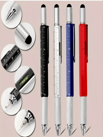 Set de 3 bolígrafos multifuncionales 6 en 1, que incluye regla, lápiz táctil, nivel, bolígrafo rotativo, bolígrafo de bola, herramienta de construcción, bolígrafo personalizado, herramienta de hombre, útiles escolares, marcador de obra, color aleatorio